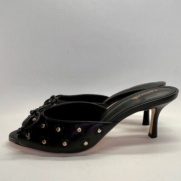 Larroude Jasmine Black Studded Leather Mule Size 8 Peep Toe Heel Slip-On - Picture 7 of 16